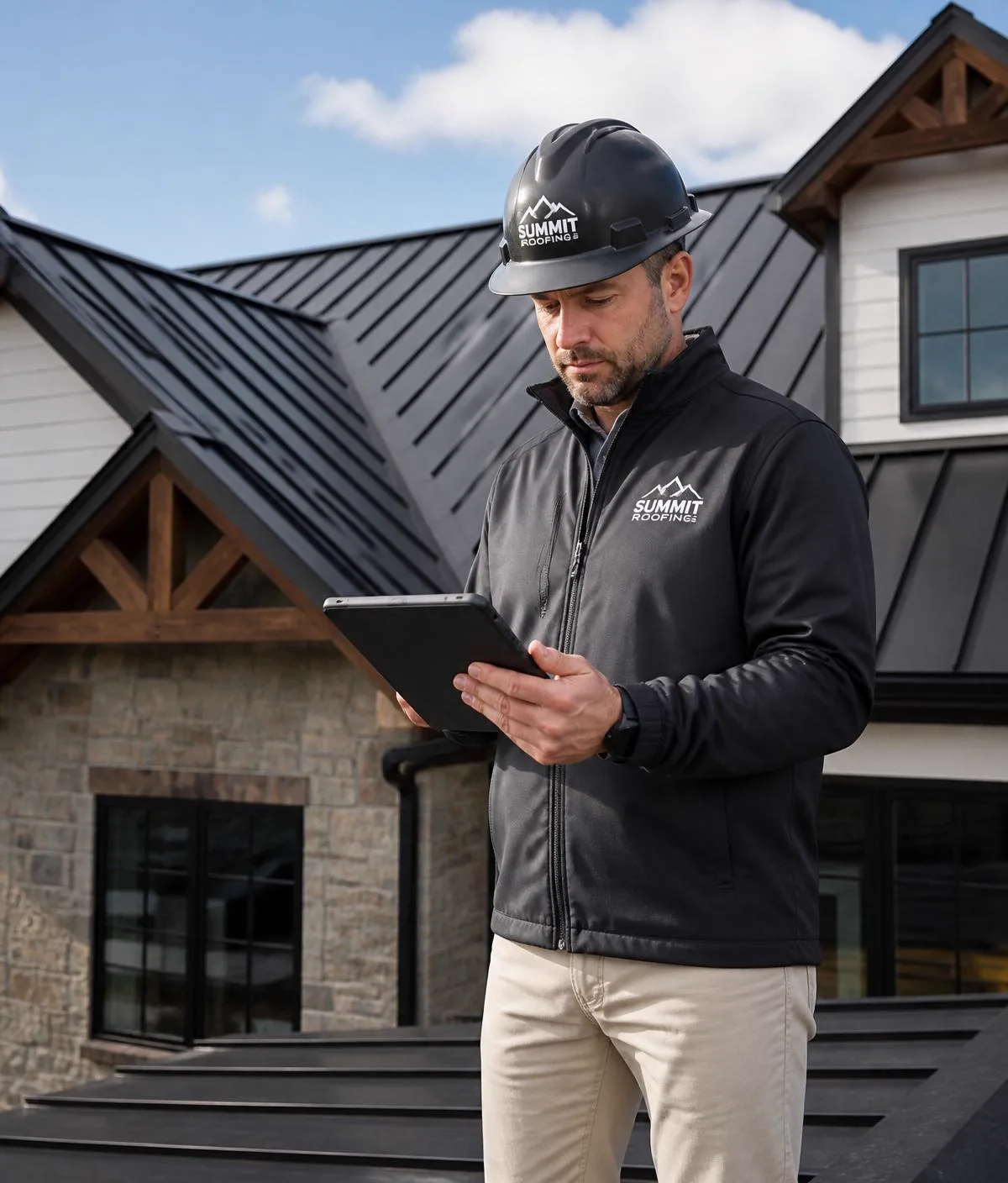 Professional contractor reviewing a tablet on a clean residential job site