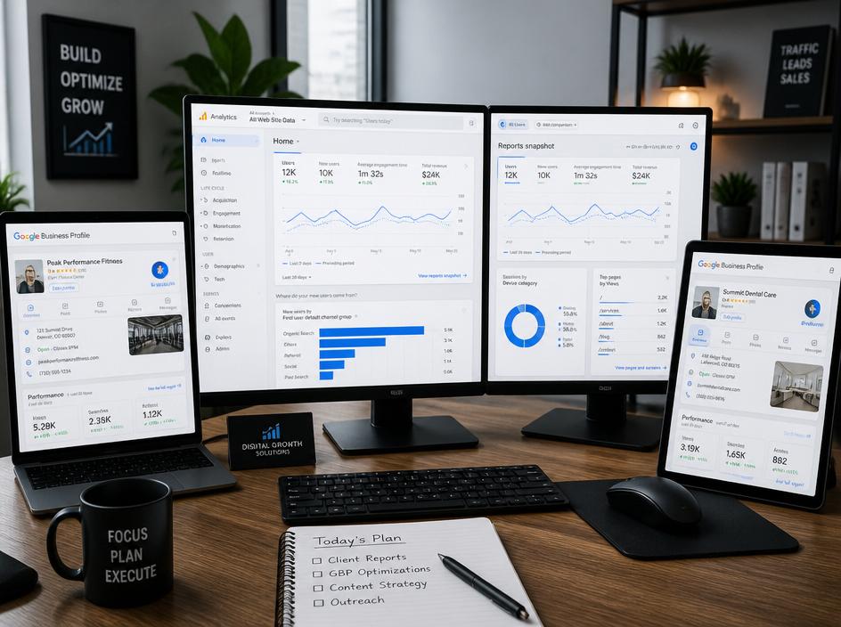 Modern workspace with analytics dashboards and Google Business Profile screens